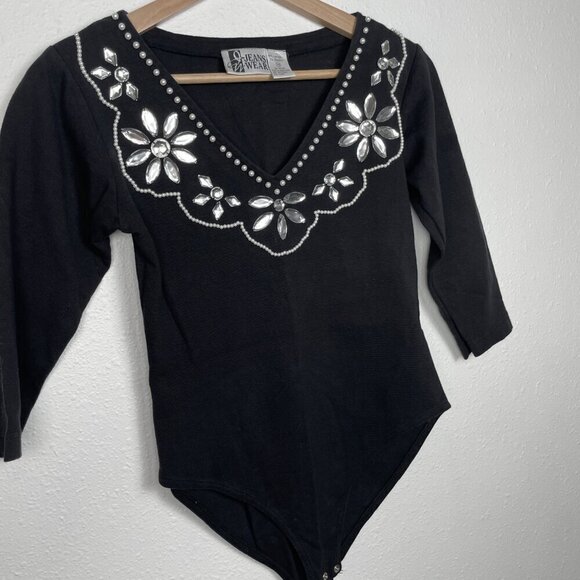 Vintage 80s Glam Rhinestone & Pearl Beaded Bodysuit - Size Medium - Picture 3 of 7